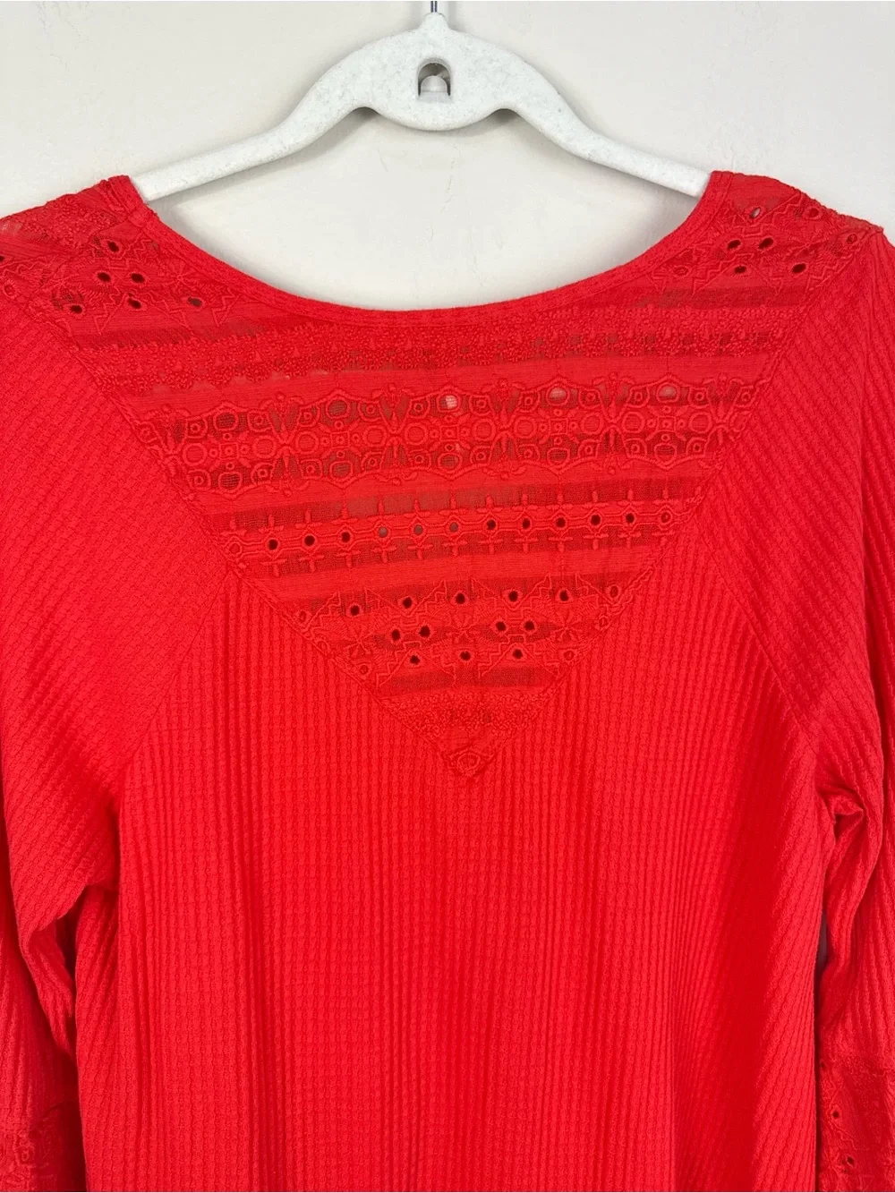 Free People Parisian Nights Top Medium Red Eyelet Lace Bell Sleeve Boho Hippie
